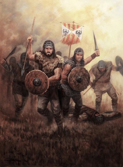 Almogávares con la bandera de Aragón. 