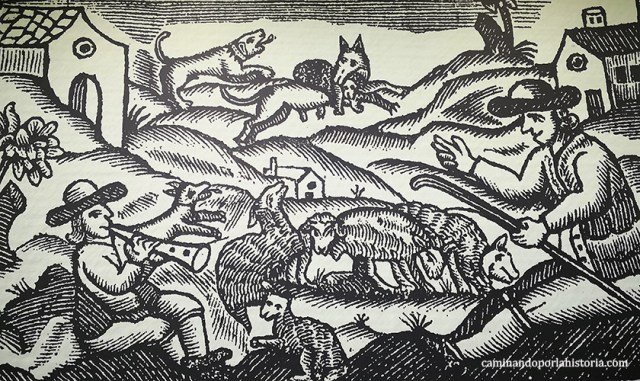 Grabado medieval, donde pastores intentan espantar a los lobos. 